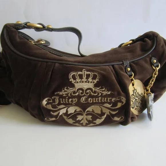 Juicy Couture Crown Brown Velvet Shoulder Hobo Bag - Picture 2 of 12